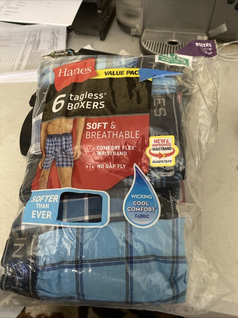 Hanes Men's Underwear Boxers Pack, Blue Plaid, XL, 6 Pack